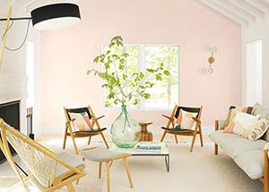A casual living room with a light pink-painted accent wall