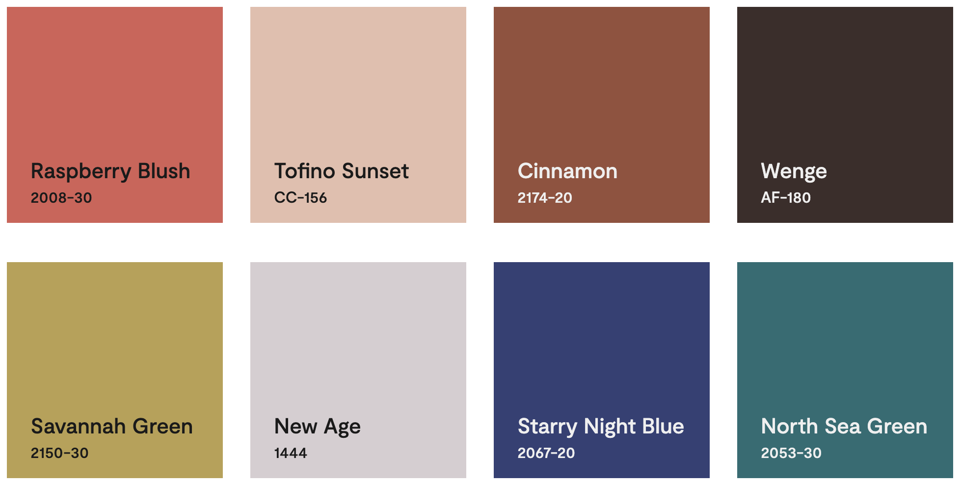 A selection of 8 colors for Benjamin Moore's Color Trends 2023